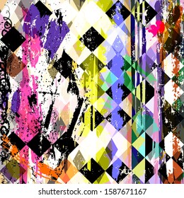 abstract geometric pattern background, with squares, triangles, paint strokes and splashes, grungy
