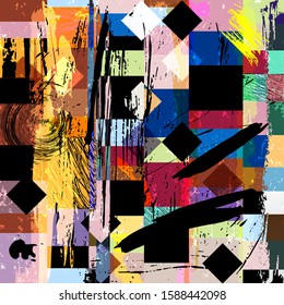 abstract geometric pattern background, with squares, triangles, paint strokes and splashes, grungy