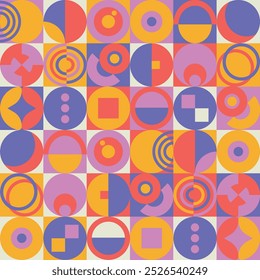 Abstrakter geometrischer Hintergrund. Abstrakter Schweizer Plakathintergrund. Bauhaus Muster Hintergrund, Kreis, Quadrat, Dreieck Grafik-Design. Moderner Vektor.
