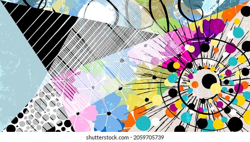 abstract geometric pattern background, with triangles, circles, flowers, paint strokes and splashes