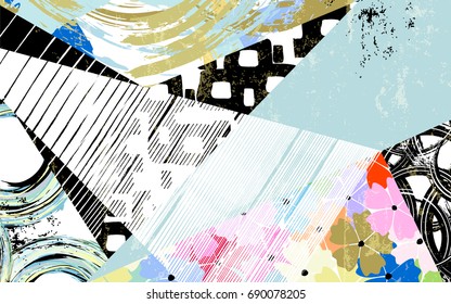 abstract geometric pattern background, with triangles, circles, strokes and splashes, black and white