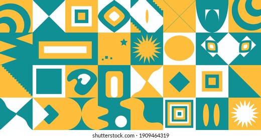 Abstract geometric pattern background, vector circle, triangle and square lines color art design. Colorful pattern background.Turquoise, Yellow, White