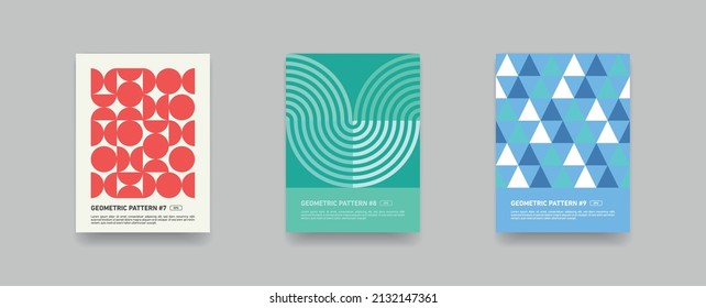 Abstract Geometric Pattern Backgrounds. Minimal Vector, Triangle, Square And Curve Lines. Swiss, Bauhaus Americana. Background, Blue, Green, Red, Turquoise. Abstract Color Shapes Posters Set - Vector