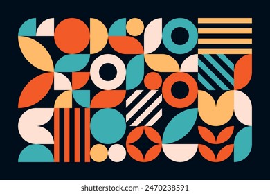 Abstract geometric pattern in Bauhaus style with vibrant colors and shape on black background