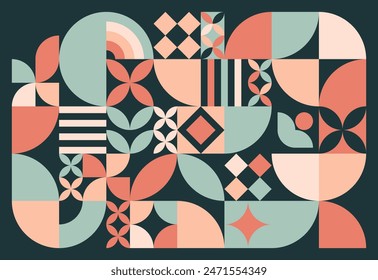 Abstract geometric pattern in Bauhaus style with pastel colors and shape on black background
