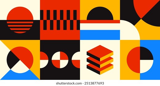 Abstract geometric pattern in Bauhaus style with vibrant colors and shape on black background