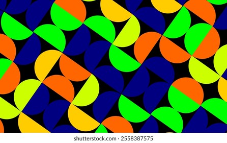 Abstract geometric pattern in Bauhaus style with a mix of bright colors and shapes on a black background