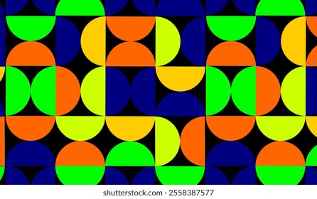 Abstract geometric pattern in Bauhaus style with a mix of bright colors and shapes on a black background