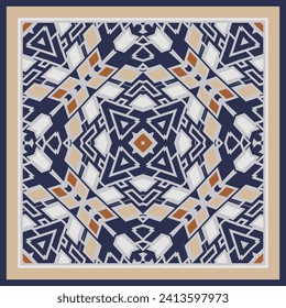 Abstract geometric pattern in beige blue orange, fabric texture. interior design. Frame.