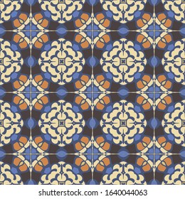 Abstract geometric pattern in black, blue and orange. Print, cloth design, wallpaper. Vector seamless.