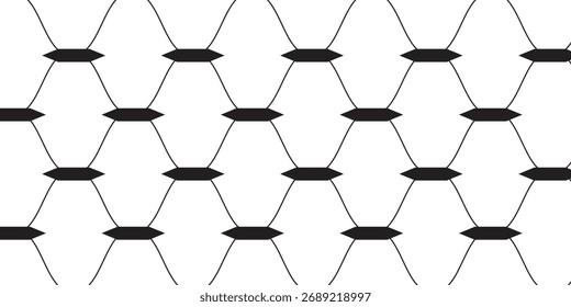 Abstract geometric pattern with black hexagonal mesh shapes connected by curved lines on a white background. Modern minimalist design suitable for textiles, posters, and digital backgrounds.