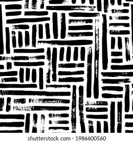 Abstract geometric pattern with black interrupted dotted lines on white background. Vertical and horizontal parallel lines. Vector seamless pattern with black brush strokes. Hand drawn ornament.