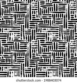 Abstract geometric pattern with black interrupted dotted lines on white background. Vertical and horizontal parallel lines. Vector seamless pattern with black brush strokes. Hand drawn ornament.