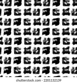 Abstract geometric pattern with black squares. Vector grunge brush stroke rectangles. Regular squares mosaic background. Modern black and white ornament with bold  square stamps. 