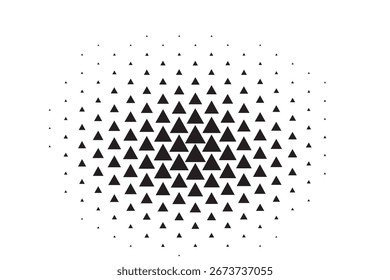 Padrão geométrico abstrato de triângulos pretos formando um gradiente, situado contra um fundo branco com delicada arte de linha.