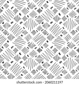 Abstract geometric pattern with black zigzag lines on white background. Vector seamless pattern of doodle hand drawn lines. Simple repeating chaotic texture for textile, fabric, wrapping, wallpaper