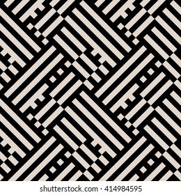 Abstract geometric pattern with blocks, diagonal overlapping stripes and crossing lines in black and white. Op art seamless geometric background. Simple monochrome bold print for winter fall fashion