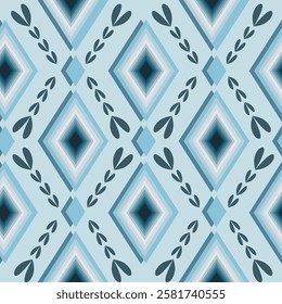 Abstract geometric pattern in blue, navy and white with vintage metallic texture, seamless fabric pattern, hand drawn design.
