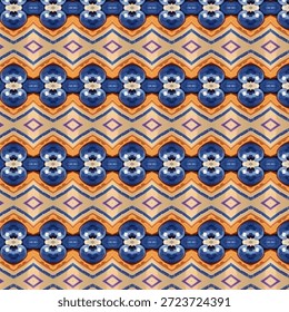 Padrão geométrico abstrato com simetria azul e laranja, design caleidoscópio sem costura ideal para fundo, textura, papel de parede, têxtil e decoração moderna.
