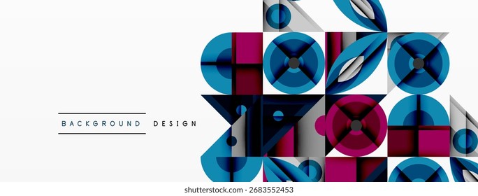 Abstractas patrón geométrico. Las Formas azules, rosadas y grises se superponen creando un diseño moderno. Líneas limpias, estética minimalista.