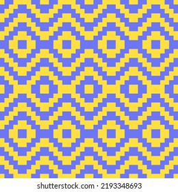 Abstract geometric pattern with blue or purple stripes lines connected like wave and flower on yellow background 