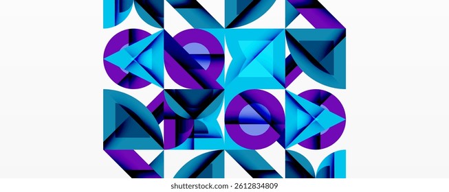 Abstract geometric pattern. Blue, purple shapes interlock forming complex design. Modern, vibrant, visually interesting composition. Minimalist aesthetic.