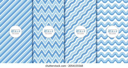 Abstraktes geometrisches Muster mit blauem Wellenlinienkombinationssatz. Horizontale Zickzack-Streifen, Kurve, Tapete. Broschüre Vorlage Sommerfarbensammlung für Stoffmuster und Verpackungspapier. 