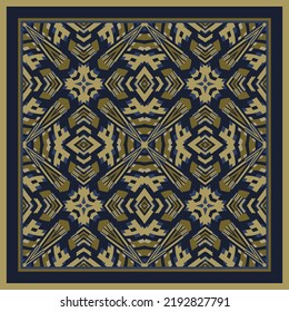 Abstract geometric pattern in blue yellow, fabric texture. interior design. Frame. 
