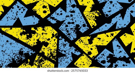 Abstract geometric pattern with blue and yellow shapes on a black grunge background.