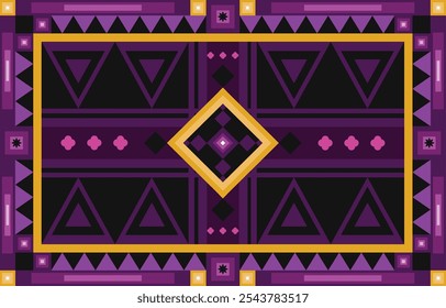 Abstract geometric pattern with bold purple, black, and yellow elements, featuring triangles, diamonds, and squares. Perfect for backgrounds, textiles, or digital designs inspired by traditional art.