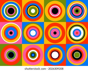 Abstract geometric pattern. Brutalism simple art print design dynamic blocks, squares with concentric circles. Vector background