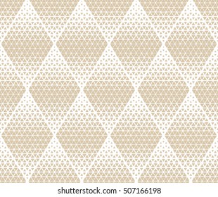 Abstract geometric pattern by triangles, rhombuses. A seamless vector background. White and gold texture. Graphic modern pattern.