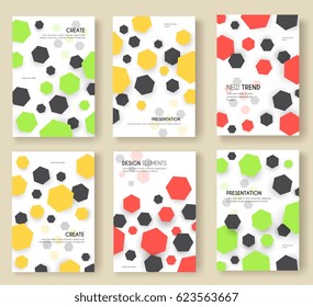 Abstract geometric pattern cards set. Shape colors template of flyear, magazines, posters, book cover, banners. Graphic invitation concept background. Layout quality modern pages