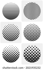 Abstract geometric pattern in circle. Set of vector templates for logo design or modern graphic element. Gradient halftone texture at evenly increasing intervals. Collection of dynamic vary pattern.