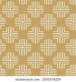 Abstract geometric pattern with circles, crosses, stripes, lines. Seamless vector background. White and gold ornament. Modern reticulated graphic design.