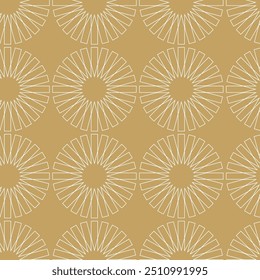 Padrão geométrico abstrato com círculos, cruzes, listras, linhas. Plano de fundo de vetor contínuo. Ornamento branco e dourado. Design gráfico reticulado moderno.
