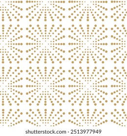 Abstraktes geometrisches Muster mit Kreisen, Kreuzen, Streifen, Linien. Nahtloser Vektorhintergrund. Weiße und goldene Ornamente. Modernes vernetztes Grafikdesign.