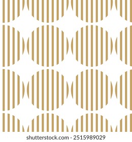 Abstract geometric pattern with circles, crosses, stripes, lines. Seamless vector background. White and gold ornament. Modern reticulated graphic design.