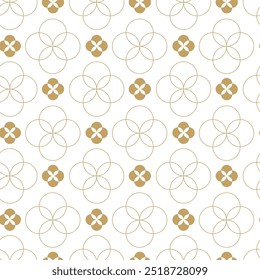 Abstract geometric pattern with circles, crosses, stripes, lines. Seamless vector background. White and gold floral ornament. Modern reticulated graphic design.