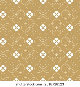 Abstract geometric pattern with circles, crosses, stripes, lines. Seamless vector background. White and gold floral ornament. Modern reticulated graphic design.