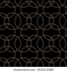 Abstract geometric pattern with circles, crosses, stripes, lines. Seamless vector background. Black and gold ornament. Modern reticulated graphic design.