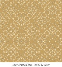 Abstract geometric pattern with circles, crosses, stripes, lines. Seamless vector background. White and gold ornament. Modern reticulated graphic design.