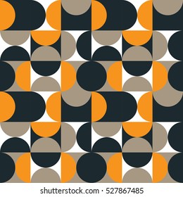 Abstract geometric pattern with circles and semi circles.Dark blue, gray and mustard yellow on white .Retro style design. Vector repeat for your design projects, textile, wrapping, wallpaper, web.