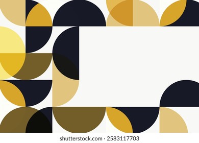 Abstract geometric pattern with circles and semicircles in black, gold, and beige. Geometric shapes create a modern, abstract design. Minimalist and stylish. Vector background with copy space.