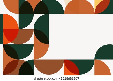 Padrão geométrico abstrato com círculos e semicírculos em laranja, verde e marrom. Design moderno com formas geométricas e cores arrojadas. Arte abstrata. Vetor gráfico retro.