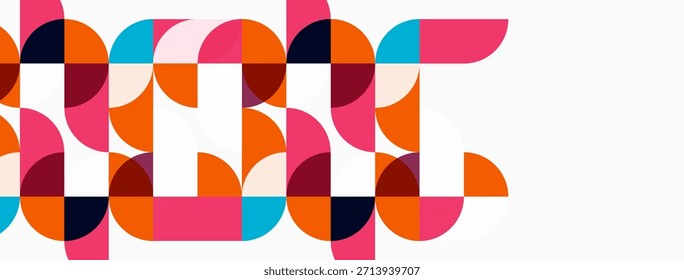 Abstract geometric pattern. Circles, semicircles create repeating design. Bright colors dominate white background. Modern, playful aesthetic.