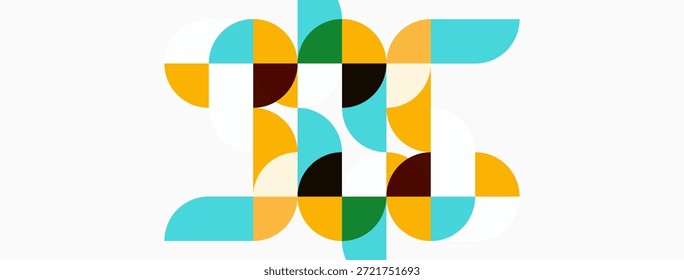 Padrão geométrico abstrato. Círculos, semicírculos e retângulos criam um design complexo. Cores quentes e frias se misturam harmoniosamente. Estética moderna.