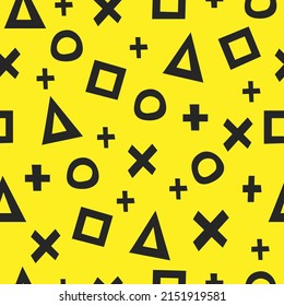 Abstract geometric pattern with circles, squares, crosses and triangles on a yellow background. Pattern for notebooks, textiles and home decor.