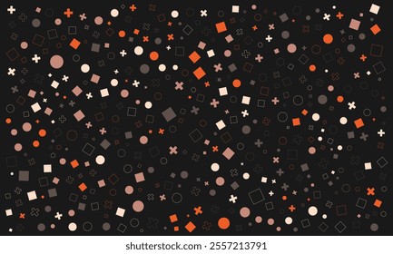 Abstract geometric pattern with circles, squares, and crosses on dark background.