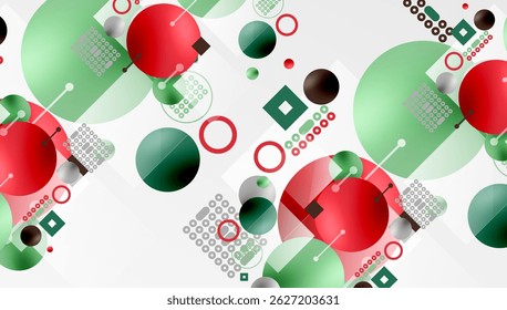 Abstractas patrón geométrico. Círculos, cuadrados, puntos crean una composición vibrante. Rojo, verde, gris dominan el fondo neutro.